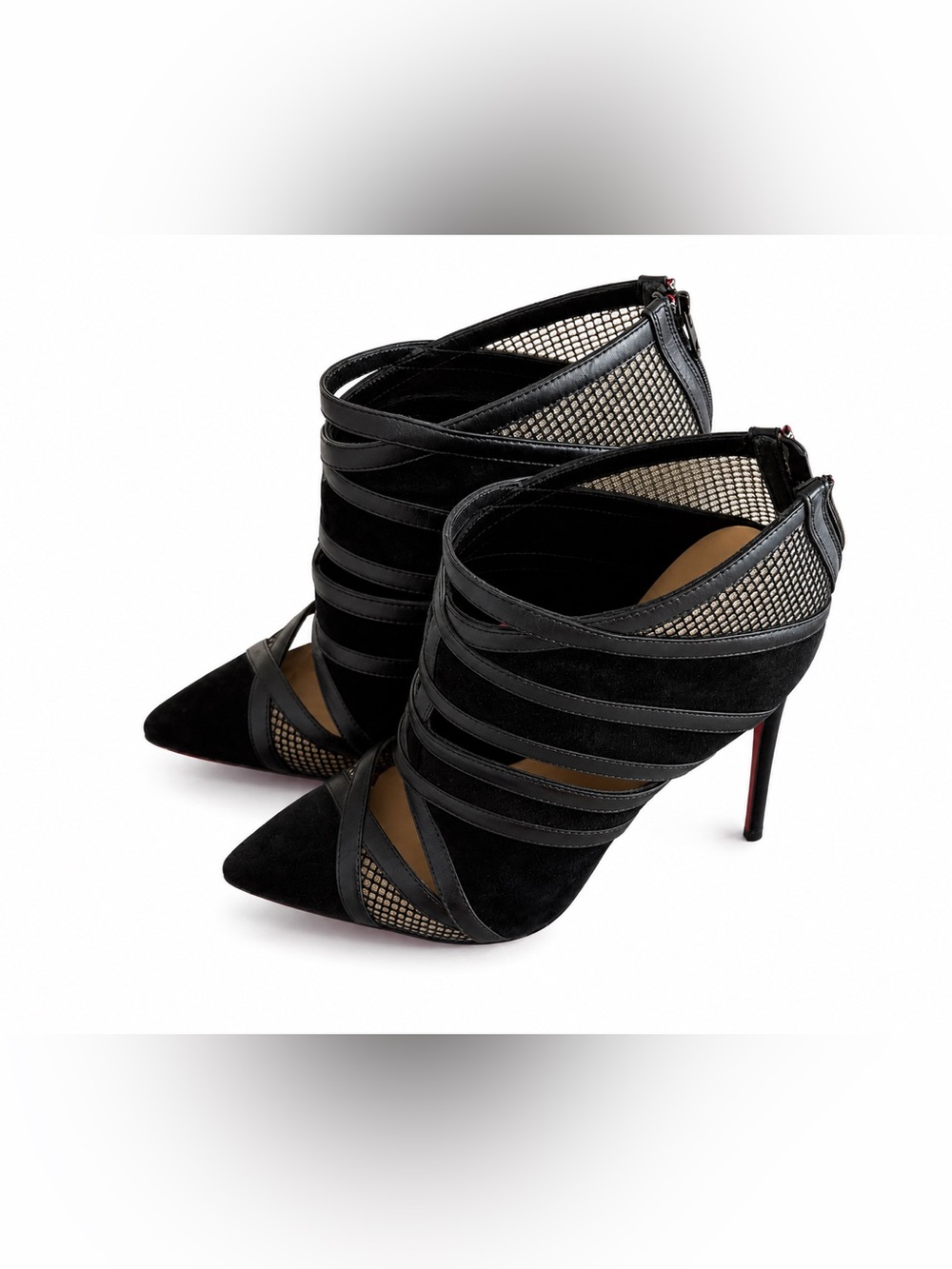 Christian Louboutin Black Strappy Pointed-Toe Stiletto Booties CT